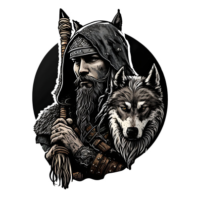 Buntes Wandtattoo "Wikinger auf der Jagd mit Wolf"