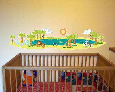 Buntes Wandtattoo  Oase mit Safari Tieren 