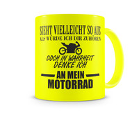Tasse mit dem Motiv Ich denke an mein Motorrad Tasse Modellnummer  neon gelb/schwarz