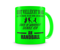 Tasse mit dem Motiv Ich denke an Handball Tasse Modellnummer  neon grn/schwarz