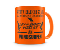 Tasse mit dem Motiv Ich denke an Windsurfen Tasse Modellnummer  neon orange/schwarz