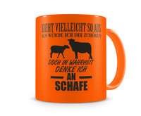 Tasse mit dem Motiv Ich denke an Schafe Tasse Modellnummer  neon orange/schwarz