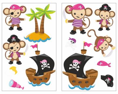 13-teiliges 'Piraten Affen Pink' Wandtattoo Set