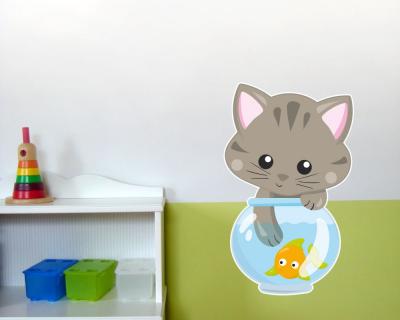 Buntes Wandtattoo  Katze fngt Fisch 