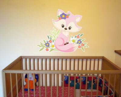 Buntes Wandtattoo  Rosa Fuchs mit Blumen 