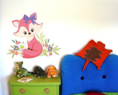 Buntes Wandtattoo  Pinker Fuchs mit Blumen 