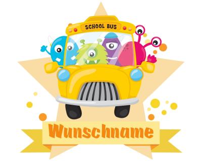 Buntes Wandtattoo Trschild  Schulbus mit Monstern 