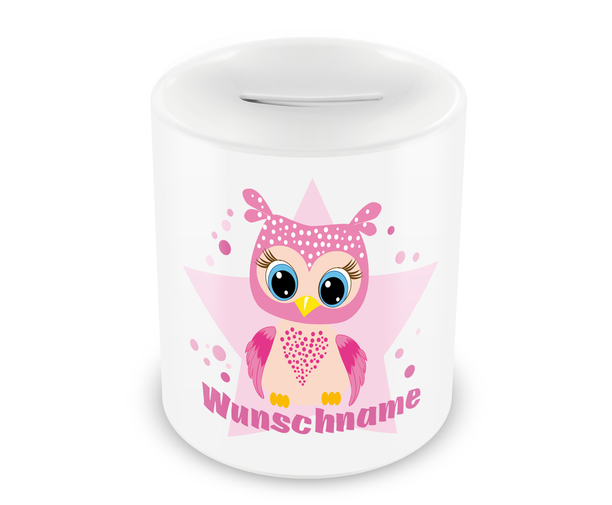 Kinder Spardose mit Namen und Große rosa Eule als Motiv für Kinder - Jungen - Bild 2 von 2