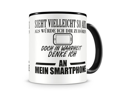 Tasse mit dem Motiv Ich denke an mein Smartphone