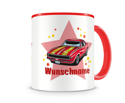 Tasse mit einem roten Muscle Car als Motiv