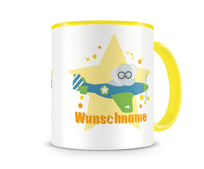 Tasse mit einem Elefant im Flugzeug als Motiv