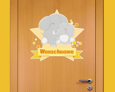 Buntes Wandtattoo Trschild  Kuschelnde Elefanten 