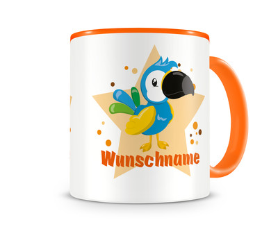 Tasse mit einem blauen Papagei als Motiv