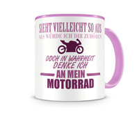 Tasse mit dem Motiv Ich denke an mein Motorrad Rennmotorrad Tasse Modellnummer  rosa/rosa