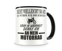 Tasse mit dem Motiv Ich denke an mein Motorrad Reiseenduro Tasse Modellnummer  schwarz/schwarz