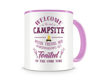 Tasse mit dem Motiv Welcome To Our Campsite Tasse Modellnummer  rosa/rosa