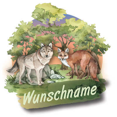Buntes Wandtattoo Trschild  Wolf und Fuchs 