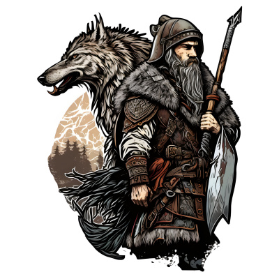 Buntes Wandtattoo  Nordmann mit Wolf und Speer 