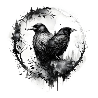 Buntes Wandtattoo  Hugin und Munin Raben Krhen 