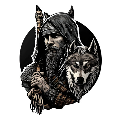 Buntes Wandtattoo  Wikinger auf der Jagd mit Wolf 