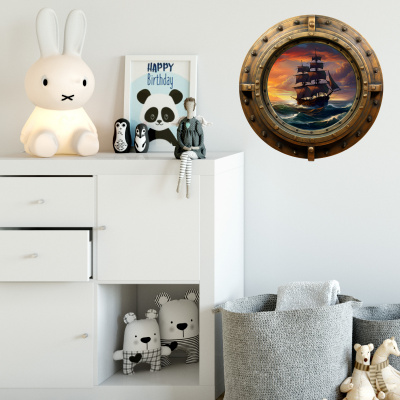 Buntes Wandtattoo  Bullauge mit Segelschiff 