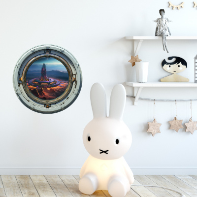 Buntes Wandtattoo  Bullauge mit Space Base 