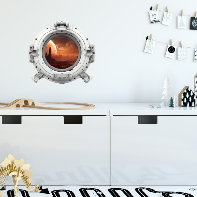 Buntes Wandtattoo  Bullauge mit Roter Planet 