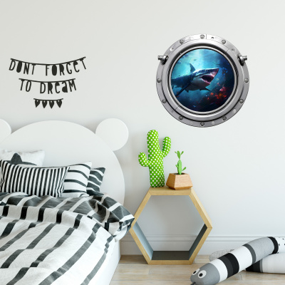 Buntes Wandtattoo  Bullauge mit Groem Hai 