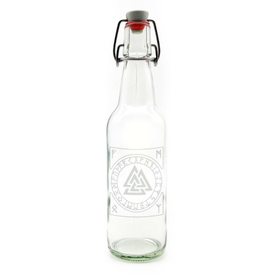 Glas Flasche mit Valknut und Runen Gravur