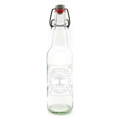 Glas Flasche mit Yggdrasil und Runen Gravur