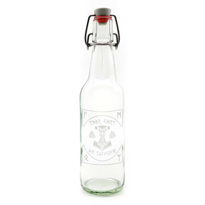 Glas Flasche mit Thors Hammer Mjlnir und Runen Gravur