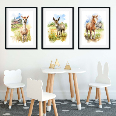 Kunstdruck mit dem Motiv Bauernhof Tiere Set Pferd Alpaka Esel - Ansicht 2