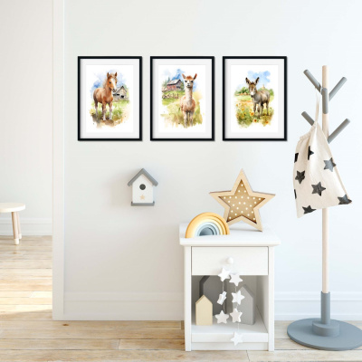 Kunstdruck mit dem Motiv Bauernhof Tiere Set Pferd Alpaka Esel - Ansicht 3