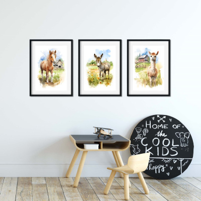 Kunstdruck mit dem Motiv Bauernhof Tiere Set Pferd Alpaka Esel - Ansicht 4