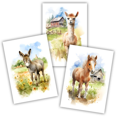 Kunstdruck mit dem Motiv Bauernhof Tiere Set Pferd Alpaka Esel