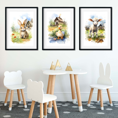 Kunstdruck mit dem Motiv Bauernhof Tiere Set Schaf Ente Hase - Ansicht 2