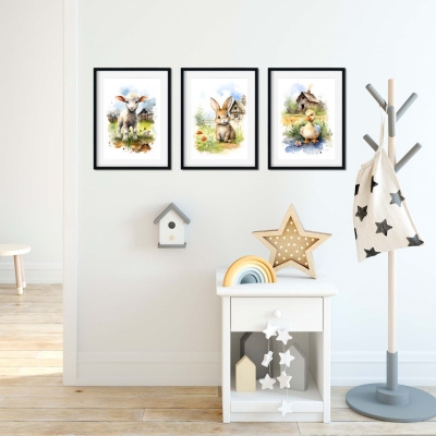Kunstdruck mit dem Motiv Bauernhof Tiere Set Schaf Ente Hase - Ansicht 3