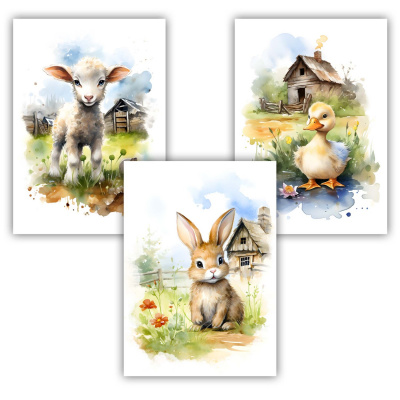 Kunstdruck mit dem Motiv Bauernhof Tiere Set Schaf Ente Hase