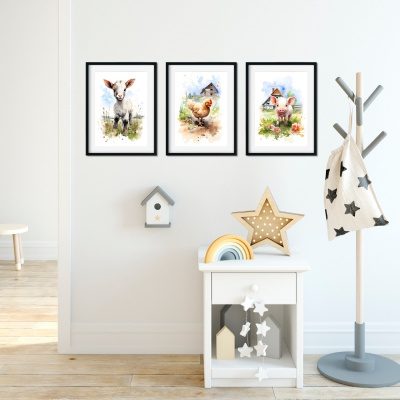 Kunstdruck mit dem Motiv Bauernhof Tiere Set Schwein Huhn Ziege - Ansicht 3