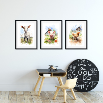 Kunstdruck mit dem Motiv Bauernhof Tiere Set Schwein Huhn Ziege - Ansicht 4