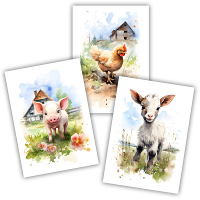 Kunstdruck mit dem Motiv Bauernhof Tiere Set Schwein Huhn Ziege