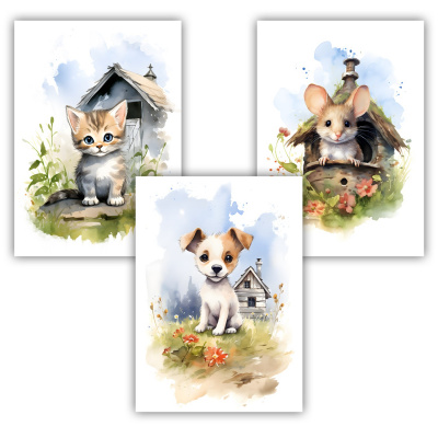 Kunstdruck mit dem Motiv Bauernhof Tiere Set Maus Hund Katze
