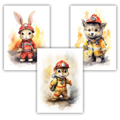 Kunstdruck mit dem Motiv Feuerwehr Tiere Set