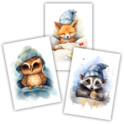 Kunstdruck mit dem Motiv Schlafmützen Tiere Set