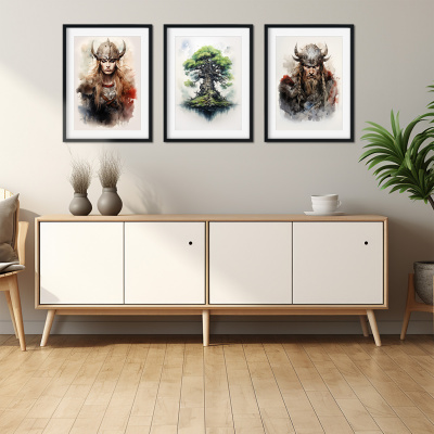 Kunstdruck mit dem Motiv Wikinger Set Wikinger Schildmaid Yggdrasil - Ansicht 3