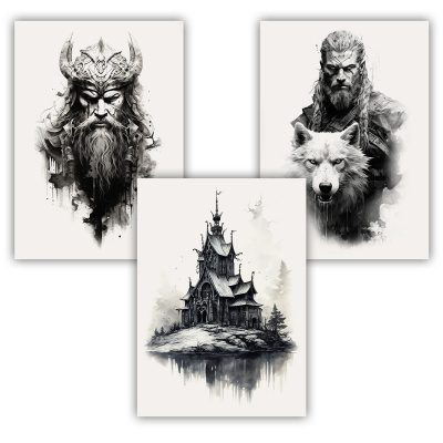Kunstdruck mit dem Motiv Wikinger Set Odin Stabkirche Wikinger mit Wolf