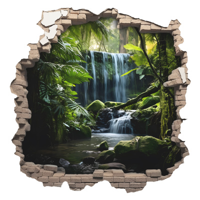 Bunter Aufkleber  Wandriss mit Wasserfall 
