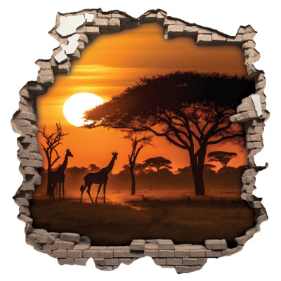 Buntes Wandtattoo "Wandriss mit Sonnenuntergang in Afrika"