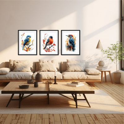 Kunstdruck mit dem Motiv Vogel Set mit Blaumeise Dompfaff Buntspecht - Ansicht 2