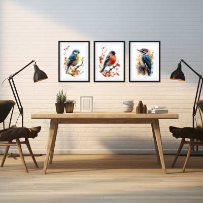 Kunstdruck mit dem Motiv Vogel Set mit Blaumeise Dompfaff Buntspecht - Ansicht 4